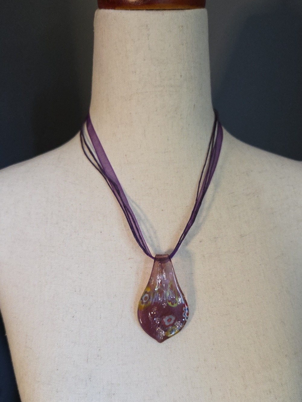 Vintage Blown Glass Pendant Ribbon Necklace Purple